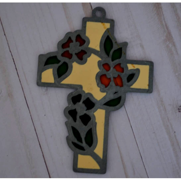 Floral Stained Glass Red Green Yellow Enamel Metal Christian Cross 4.5" - Picture 3 of 4